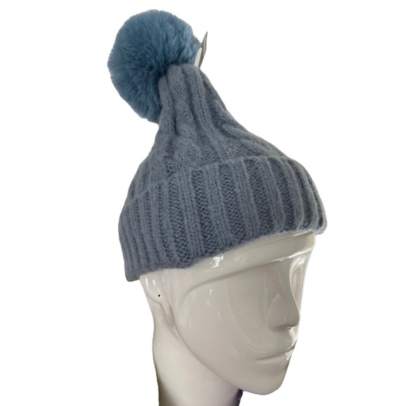 ILLUMA Women’s Blue Cuffed Cable Stitch Faux Fur Pom Pom Beanie Hat NWT